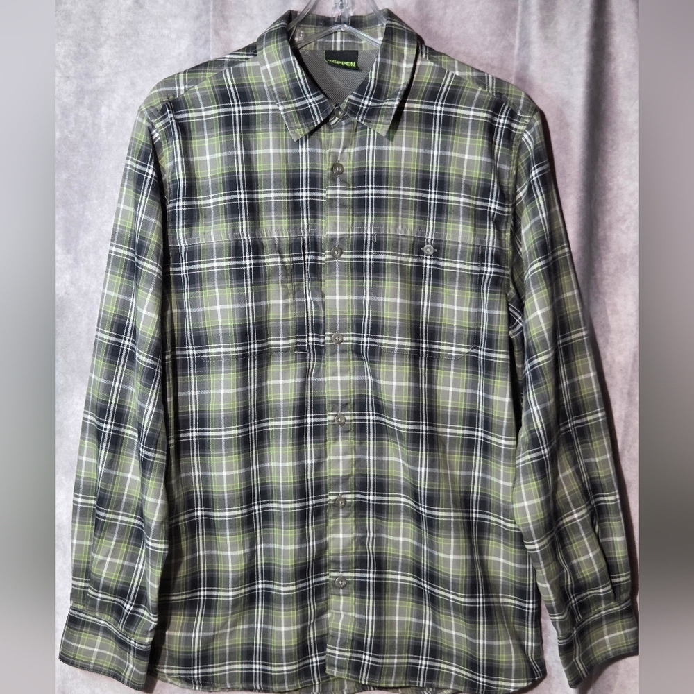 Koppen Green Plaid Long Sleeve Button Down Shirt Medium Gorpcore Pockets Zipper